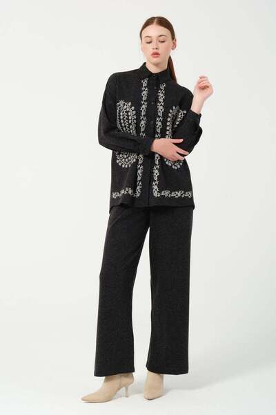 Hatun Atila Черен бродиран костюм Hera от две части - 7671