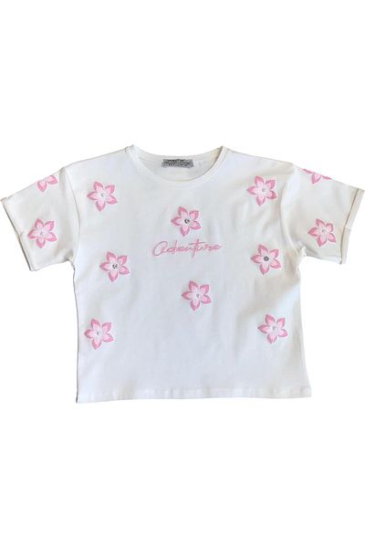 Little Star Girl's Floral Printed Stone and Pearl Detailed Tshirt