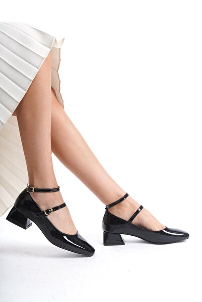 Bak Store Mary Jane Black Patent Leather - Thick Heel Women's Shoes with Blunt Square Toe and Helmet