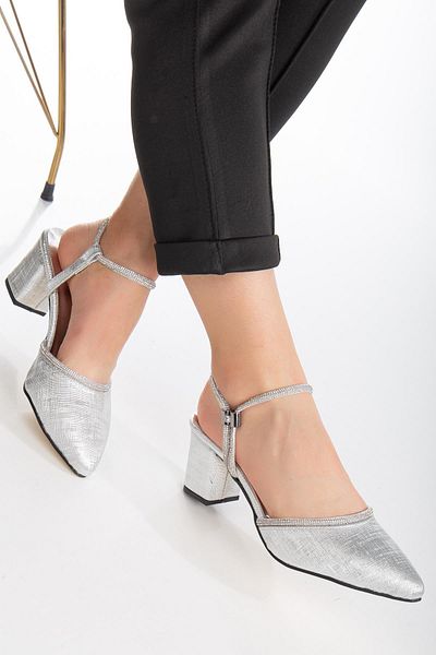 Bak Store Pantofi de damă cu toc de 5 cm grosime la glezna argintie