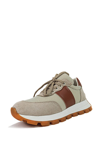 GDT Ayakkabı Beige-Tan Color Lace-Up Flat Sole Women's Sneakers