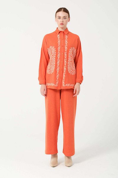 Hatun Atila Orange Hera Fabric Embroidered Double Set - 7671