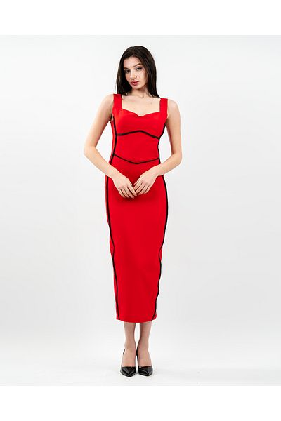 maf collection Women's Red Front Piping Detail Long Dress