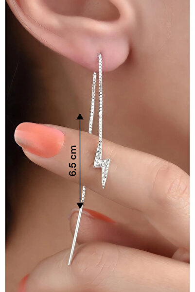 jelux silver Gümüş 925 Ayar Zirkon Taşlı Asansör Zincir Şimşek Model Tekli Küpe