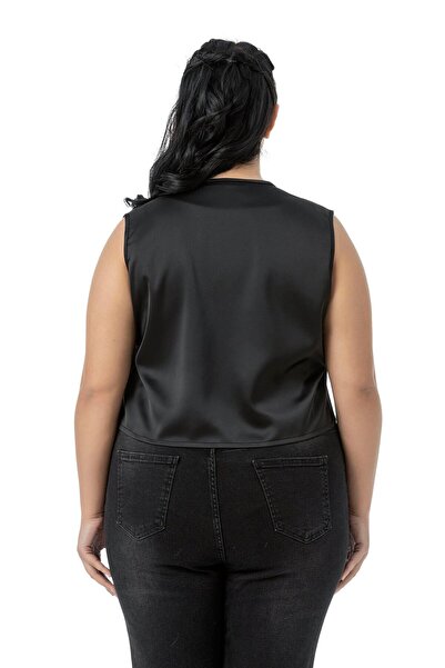 DISENTIS MODEST Plus Size Front Tie Detailed Satin Unlined Black Vest