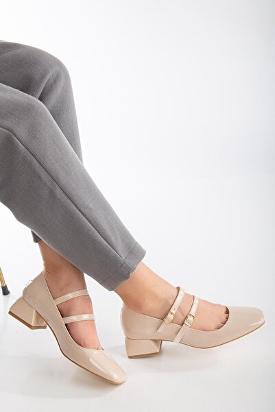 Bak Store Mary Jane Beige Patent Leather Blunt Square Toe Short Thick Heeled Shoes