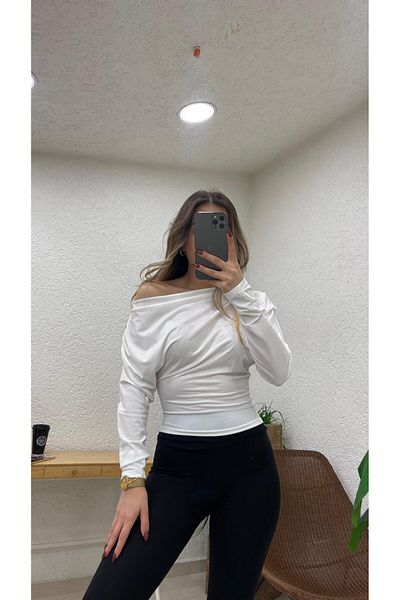 Nazline Women's Off-Shoulder Drawstring Detailed Long Sleeve Sendy Bluz