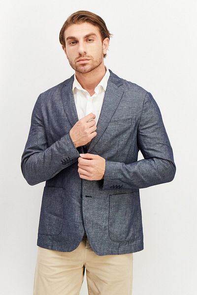 CELIO Men Slim Fit Chambray Long Sleeve Suit Jacket, Blue Denim