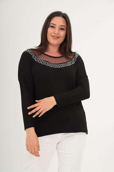 Esina Women's Strawberry Knitted Stone and Tulle Detailed Blouse