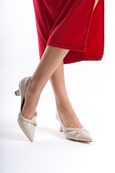 Bak Store Beige Patent Leather - Pointed Toe and Buckle Detailed Women's Stiletto Shoes