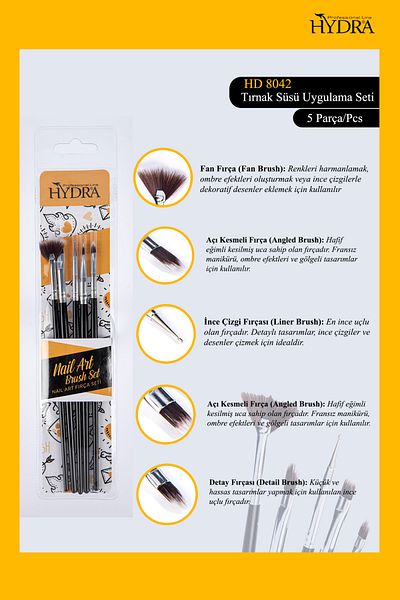 Hydra Professional Line Nail Decoration Application Brush Set 5 Pieces HD-8042