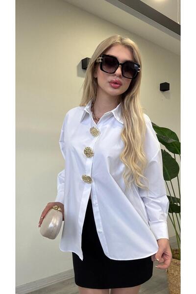 modadagiyim Cămașă albă cu mânecă lungă cu nasturi de piatră specială pentru femei