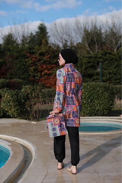 dilber fashion Authentic Pattern Hijab Swimsuit with Bone and Bag Gift, Elastic Waist and Zipper