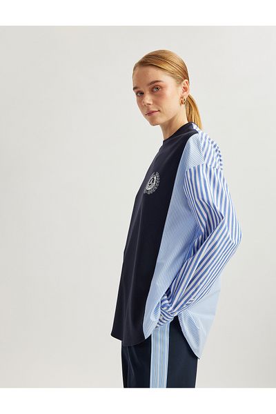 Koton Two Different Fabric Detail Comfortable Fit Long Sleeve Crew Neck Striped Sweatshirt
