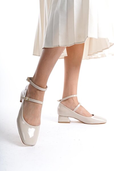 Bak Store Beige Patent Leather Mary Jane - Thick Heel Women's Shoes with Blunt Square Toe and Helmet