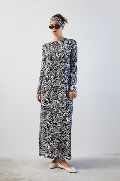 Bipantolon Γυναικείο Μίνι Γκρι Λεοπάρ Μακρυμάνικο Φόρεμα με μισό ζιβάγκο