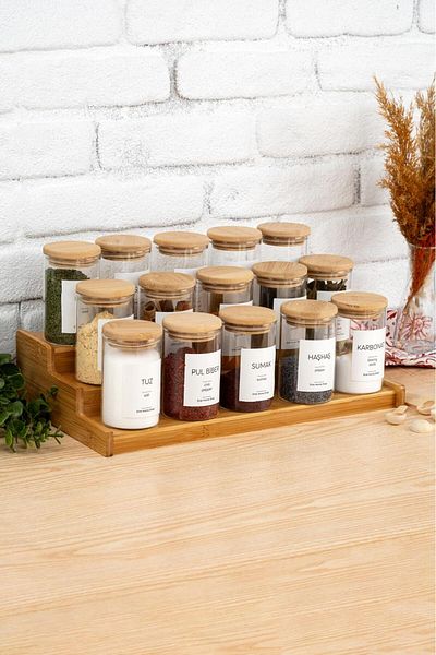 emir home shop 15Pcs Glass Spice Rack Bamboo Lid Set - with Ladder Stand and Sticker with Wooden Spoon