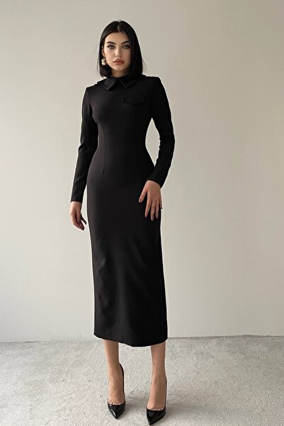 WOMAN VISION Kadın Siyah Kadın Atlas Kumaş Gömlek Yaka Detay Midi Kalem Abiye Elbise 341