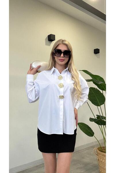 modadagiyim Cămașă albă cu mânecă lungă cu nasturi de piatră specială pentru femei