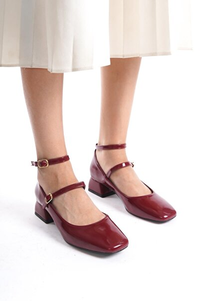 Bak Store Mary Jane Claret Red Patent Leather - Thick Heel Women's Shoes with Blunt Square Toe and Helmet