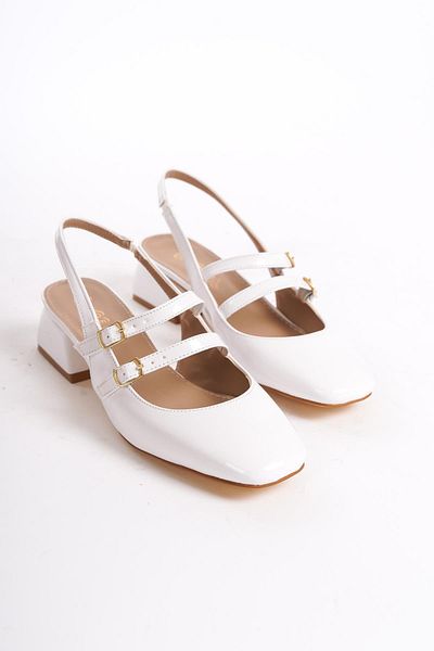 Bak Store Mary Jane, albă, din piele lacuită, cu spatele deschis, cu vârful tocit, pantofi cu toc scurt