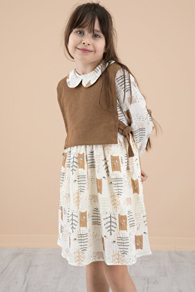 Cansın Mini Coffee Sweater Patterned Girl's Long Sleeve Dress 20219