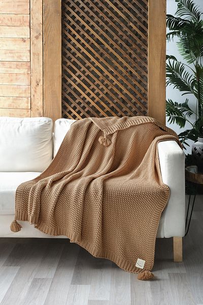 Miespiga Coco Rice Knitted Knitwear Τηλεόραση Κουβέρτα Throw Camel Πλεκτό σάλι καναπέ με πομπόν
