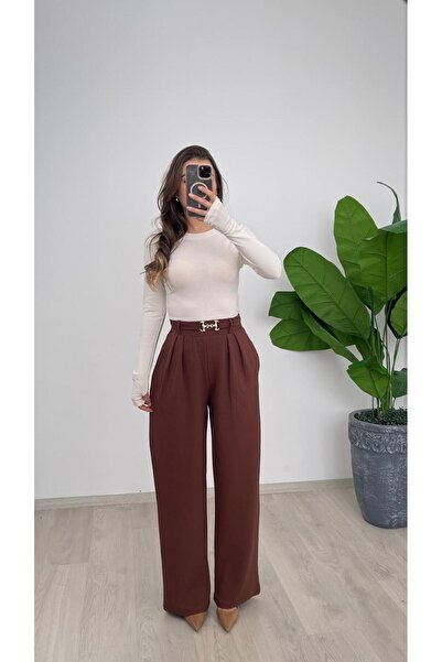 Nazline KADIN TOKA DETAYLI PİLELİ KREP BOL PAÇA PANTALON