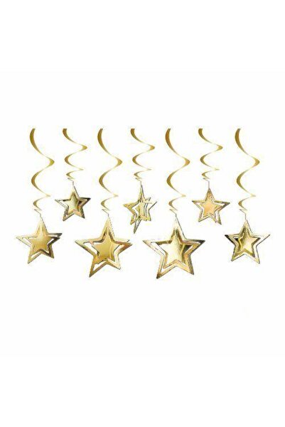 Parti Dükkanım زينة سقف معلقة على شكل نجمة ثلاثية الأبعاد باللون الذهبي - 10 قطع