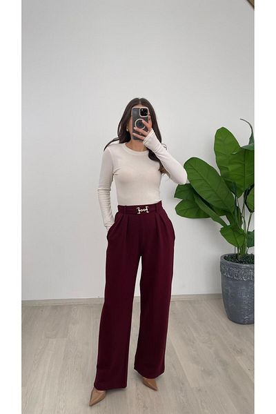Nazline Women's Buckle Detailled Pleated Crepe Loose Leg Pants