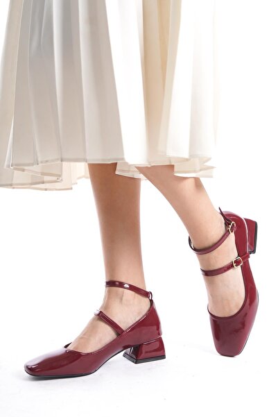 Bak Store Mary Jane Claret Red Patent Leather - Thick Heel Women's Shoes with Blunt Square Toe and Helmet
