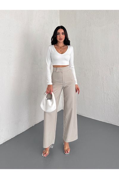 Gugus Women's New Model Fabric Pants Waist with Vecle Bucket Palazzo Wide Bucket