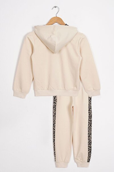 zepkids Hooded Leopard Stripe Detailed Stone Color Girl's Tracksuit Set
