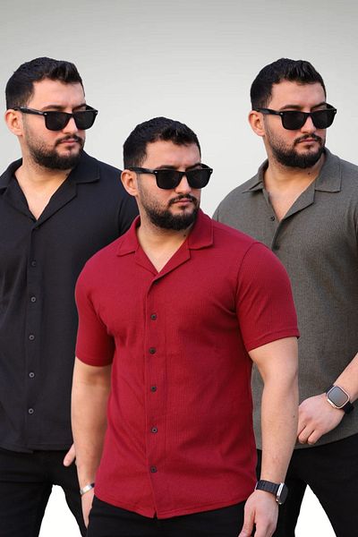 Know Men's Black Burgundy Khaki Knitted Short Sleeve Shirt Set of 3