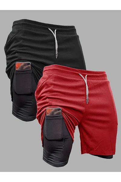 pandy Pantaloni scurți atletic pentru bărbați, cu uscare rapidă, 2 buc - Pantaloni scurți de fitness pentru baschet, cu două straturi, respirabili și elastici