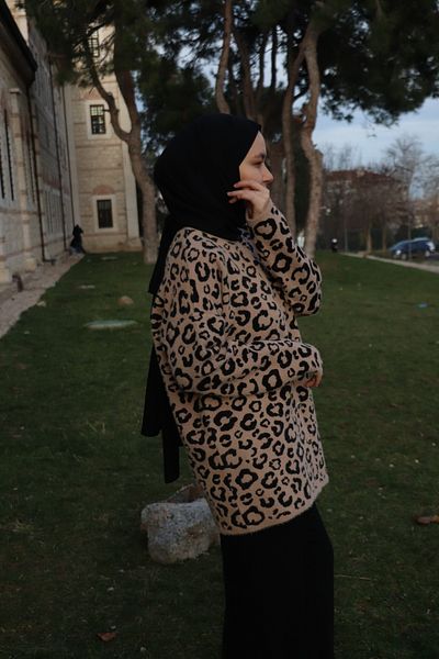 ilmek 24113 Γυναικεία ζακέτα με σχέδιο Leopard - Απαλή Υφή, Καφέ Γαλακτώδες