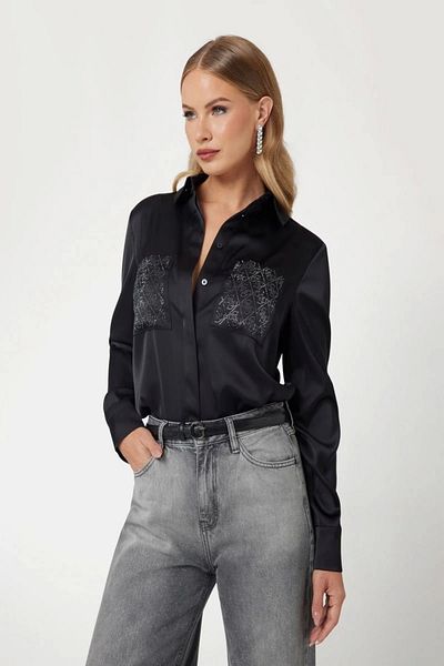 Guess Marguerite Hotfix Pokets Shirt Women's Black Shirt W5Rh40Wfqc2-Jblk