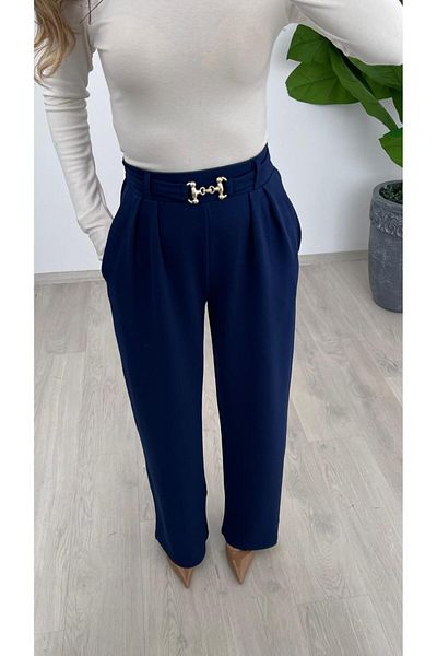 Nazline Women's Buckle Detailled Pleated Crepe Loose Leg Pants