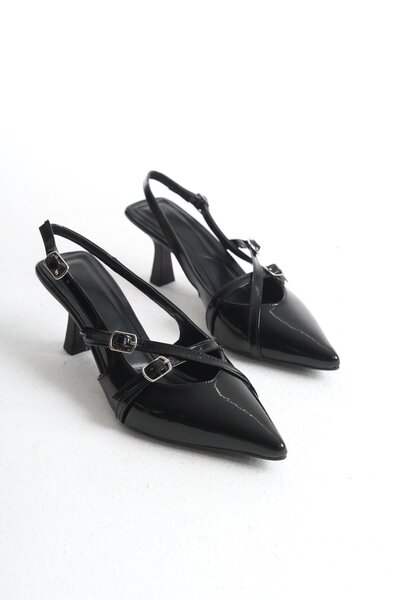 Bak Store Black Patent Leather Silver Buckle Detailed Women's Heeled Shoes