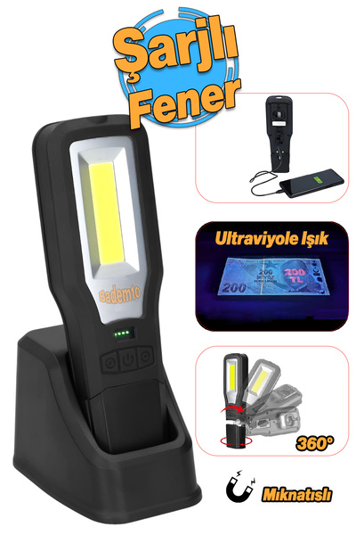 Badem10 El Feneri Ledli Mıknatıslı Şarjlı Güçlü Beyaz ve Sos Işıklı Kamp Lamb...