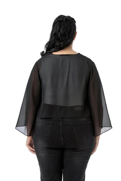 DISENTIS MODEST Plus Size Handle Slit Detail Chiffon Black Bolero