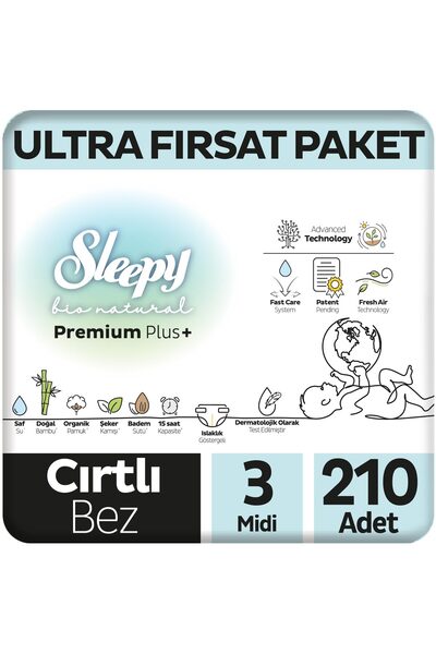 Sleepy Bio Natural Premium Plus Ultra Fırsat Paketi Bebek Bezi 3 Numara Midi 210 Adet