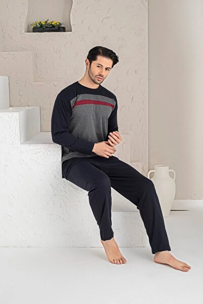 Moonzer Smoked Piece Cotton Long Sleeve Men's Pajamas Set Navy Blue Gray U-3090