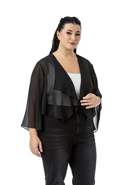 DISENTIS MODEST Plus Size Handle Slit Detail Chiffon Black Bolero