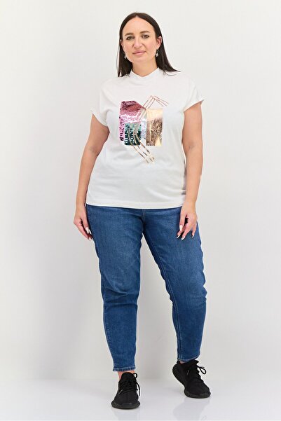 Esprit Women Mock Neck Cap Sleeves Metallic T-shirt, White