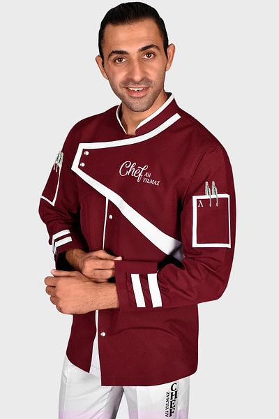 Üniformanya Jachetă de bucătar și jachetă de bucătar burgundy - cu cadou cu nume, îmbrăcăminte și rochie