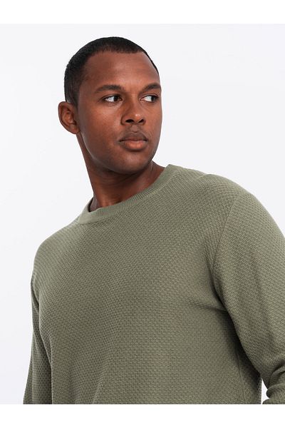 OMBRE Herren Strickpullover RELAXED FIT in Rautenwebung - oliv V4 OM-SWSW-0110 M