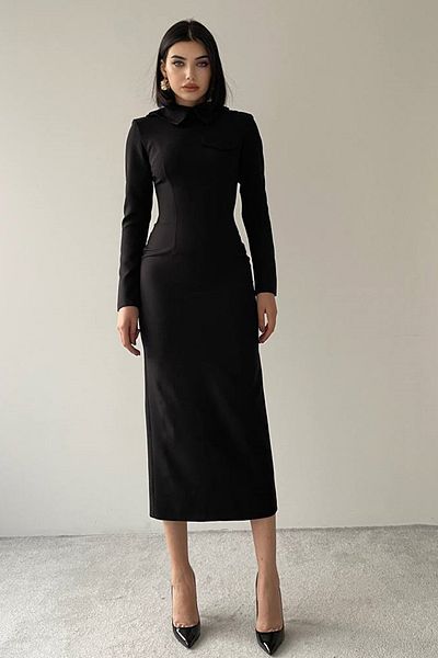 barış sülün lovebox Rochie creion Midi neagră - guler cămașă, țesătură Atlas, femei 341