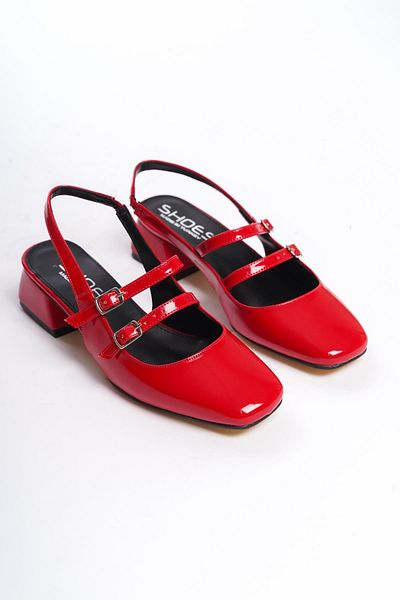 Bak Store Red Mary Jane Patent Leather - Low Heel Shoes with Open Back, Blunt Toe and Helmet