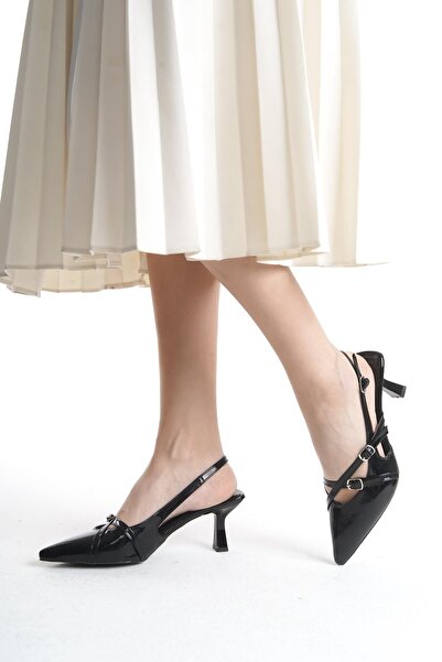 Bak Store Black Patent Leather Silver Buckle Detailed Women's Heeled Shoes